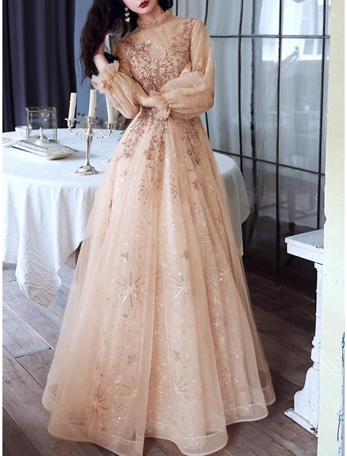 Vestido de noche formal de compromiso elegante con corte A brillante, cuello alto, manga larga, largo hasta el suelo, de tul con lentejuelas