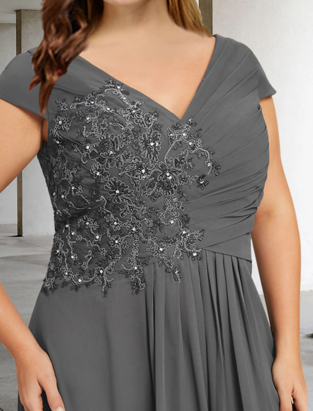 Grey Chiffon A-Line V-Neck Floor-Length Mother of the Bride Dress