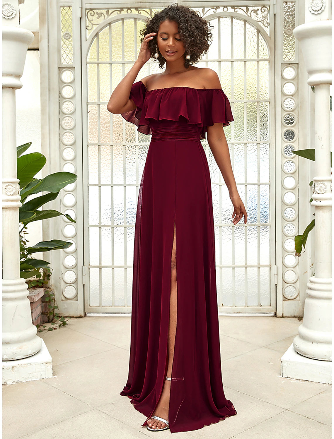 Burgundy Chiffon Off-the-Shoulder A-Line Floor-Length Bridesmaid Dress with Off-the-Shoulder Ruffle & High Slit