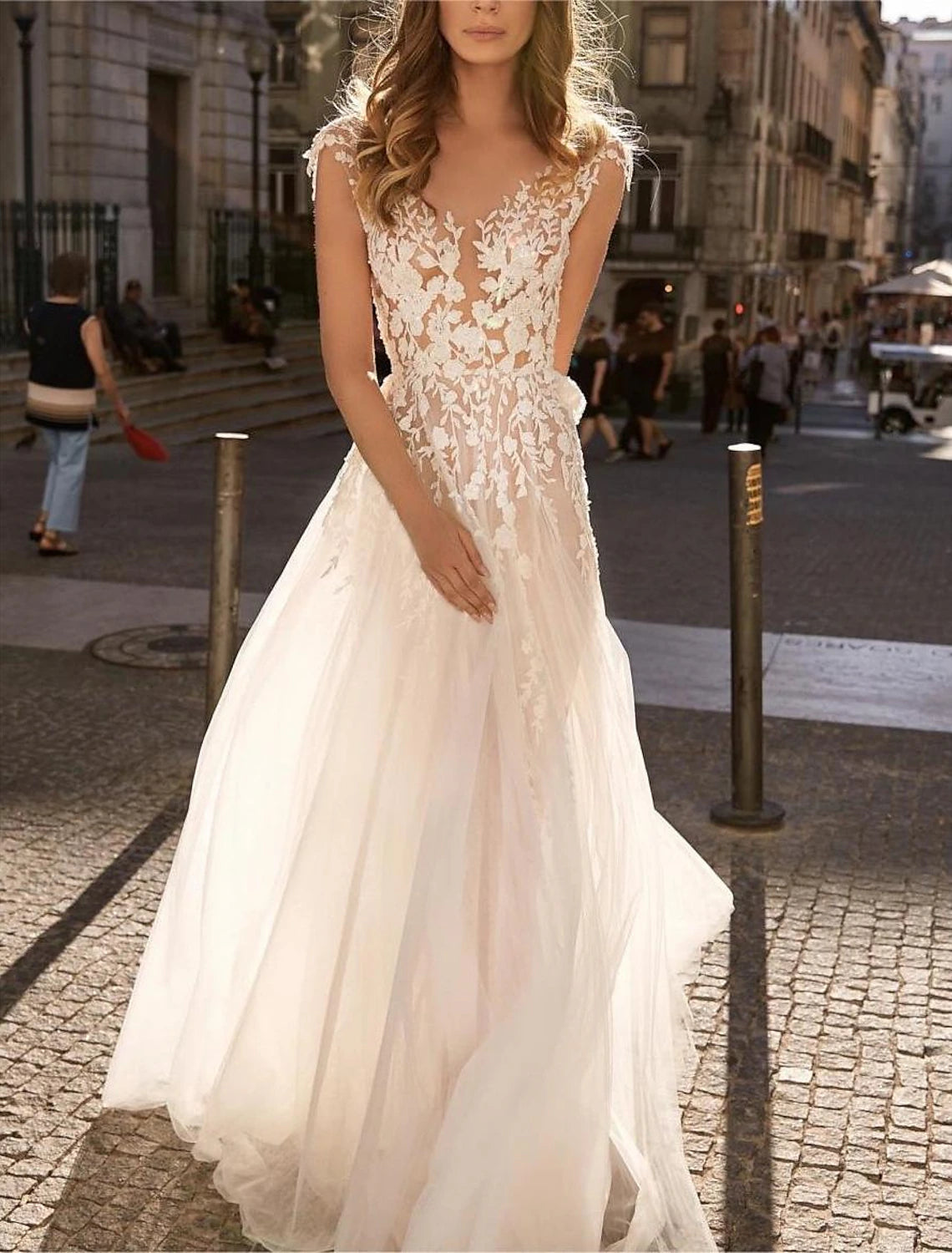 Abiti da sposa boho da spiaggia, a trapezio, con scollo a barca, senza maniche, lunghi fino al pavimento, in organza, con fiori, tinta unita