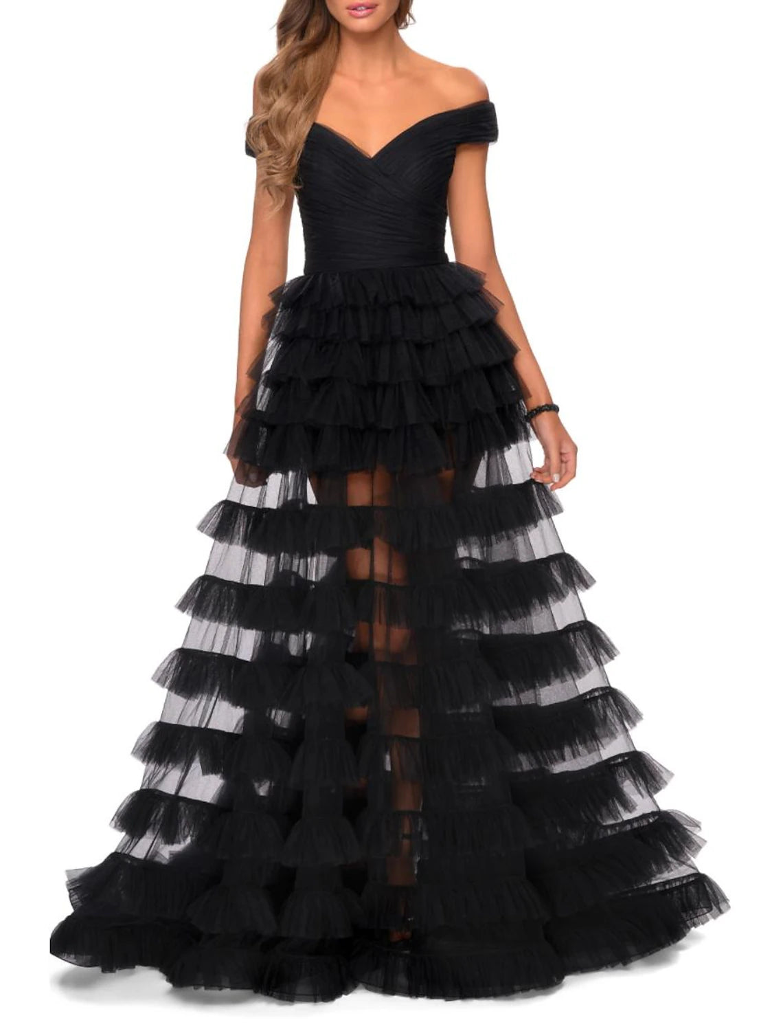 Vestido de fiesta de baile, vestido de graduación, vestido plisado escalonado, baile de máscaras, cola larga/cepillo, sin mangas, escote corazón, tul, espalda en V con color puro