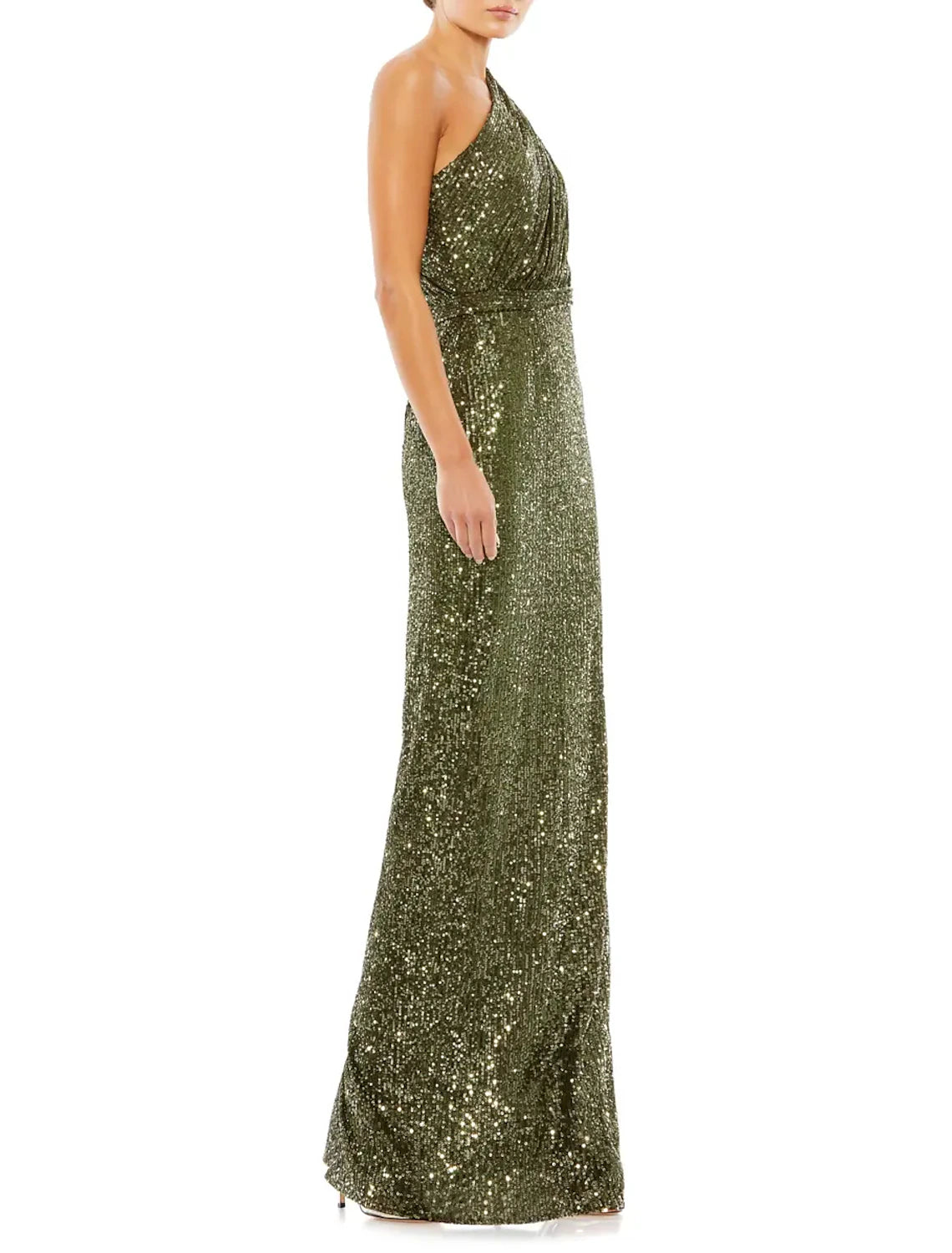 Glamorous Olive Green Sequin One Shoulder Sheath Floor-Length Dress