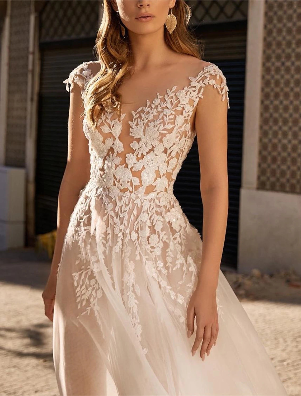 Abiti da sposa boho da spiaggia, a trapezio, con scollo a barca, senza maniche, lunghi fino al pavimento, in organza, con fiori, tinta unita