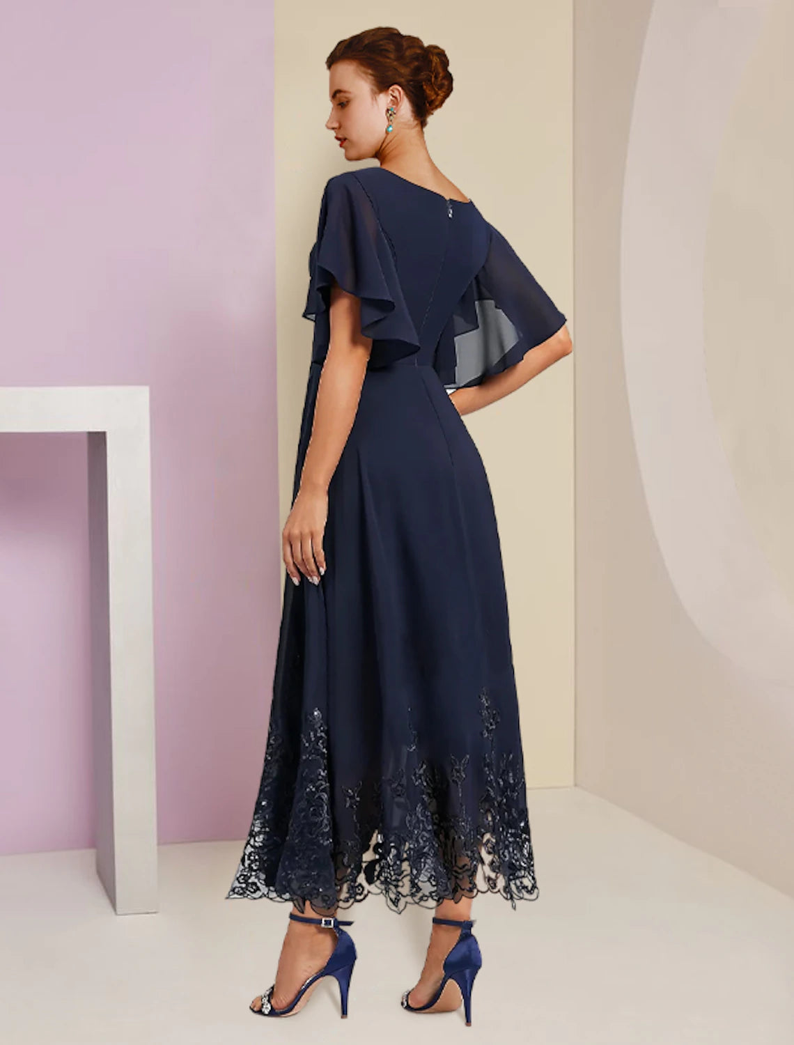 Dark Navy Chiffon A-Line V-Neck Tea-Length Evening Dress with Flutter Sleeves