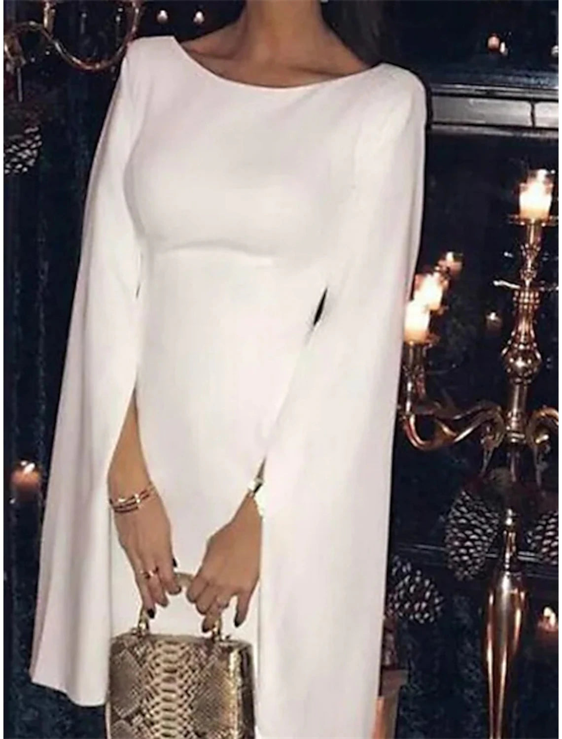 Abiti da sposa a tubino / colonna, con schiena scoperta, abiti da festa, lunghezza tè, maniche lunghe, scollo gioiello, ricevimento di nozze autunnale, in raso, senza schienale, colore puro