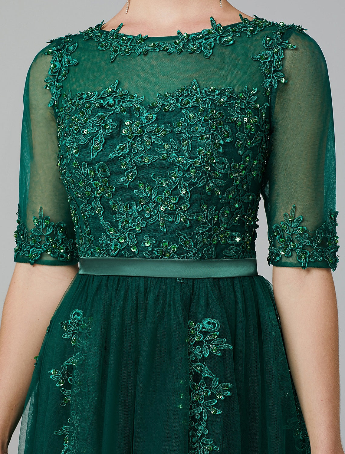 Emerald Green Tulle A-Line Tea-Length Bridesmaid Dress with Embellished Sheer Bodice