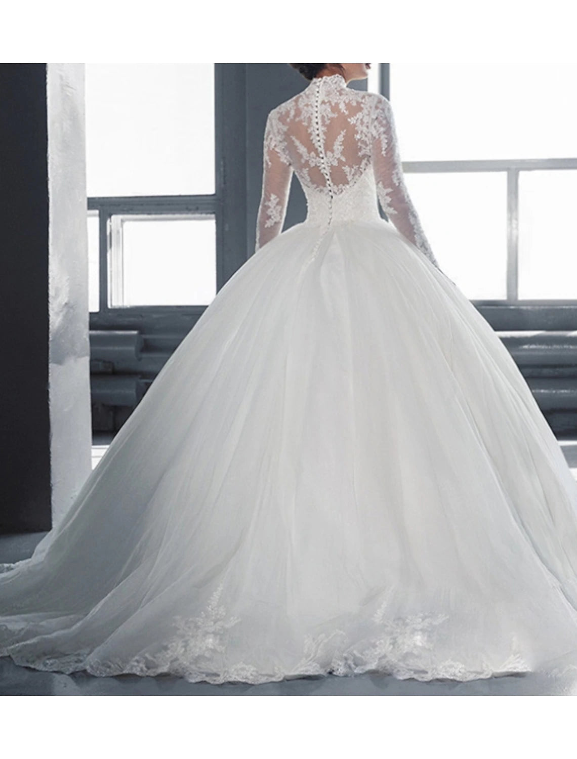 Vestidos de novia formales de compromiso, vestido de fiesta, cuello alto, manga larga, cola larga, vestidos de novia de encaje con apliques de cuentas