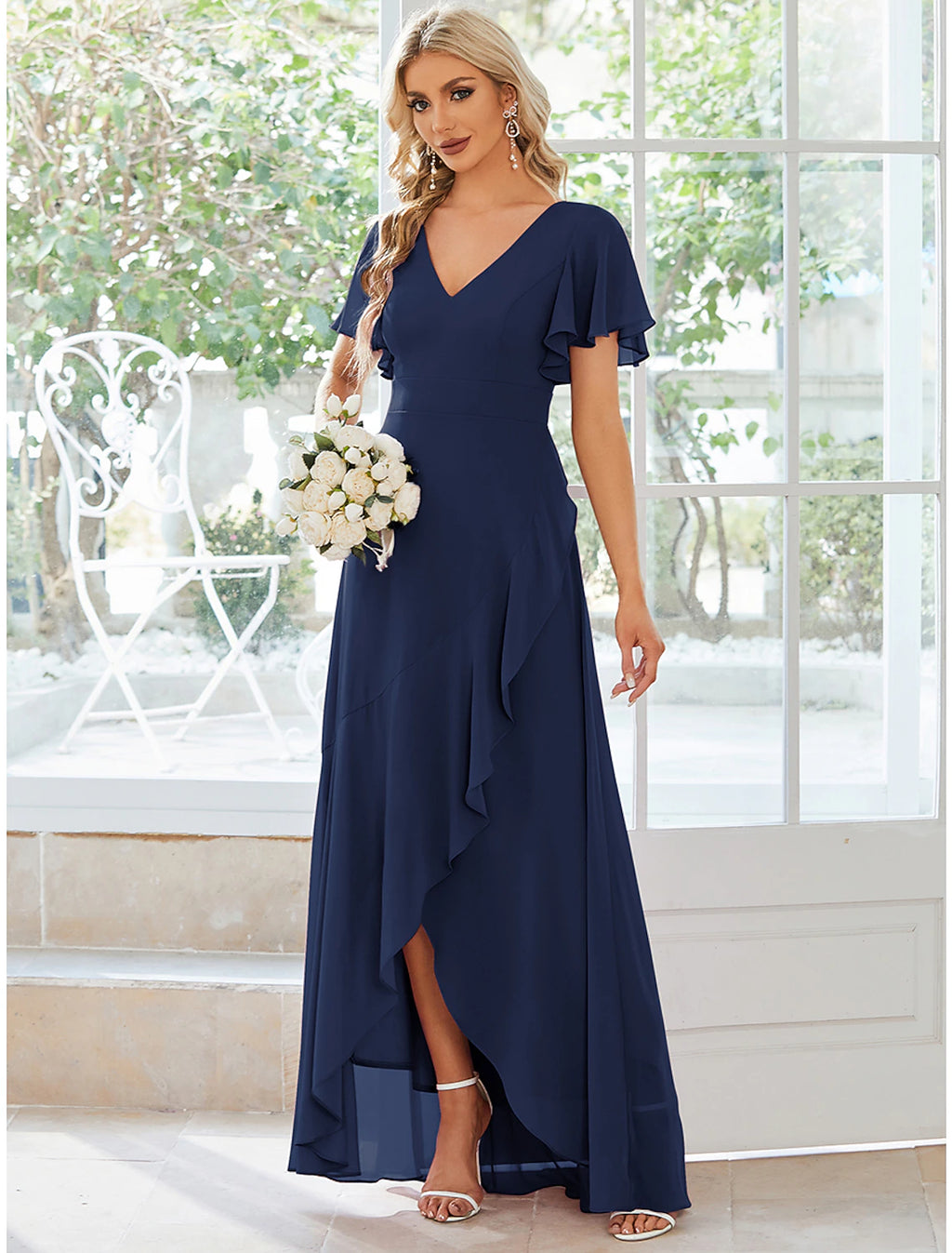 Dark Navy Chiffon A-Line Asymmetrical Bridesmaid Dress with Flutter Sleeves & V-Neck