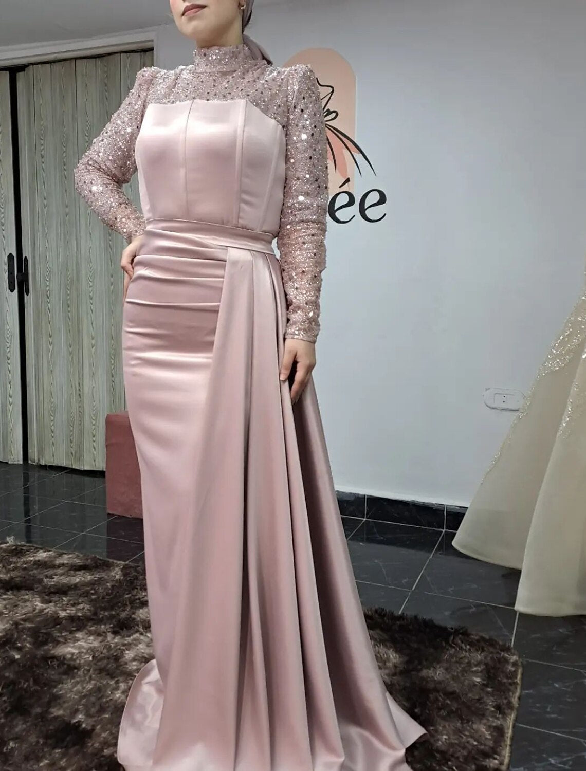 Blushing Pink Satin Sequin Long Sleeve Draped Sheath/Column Floor-Length Evening Dress