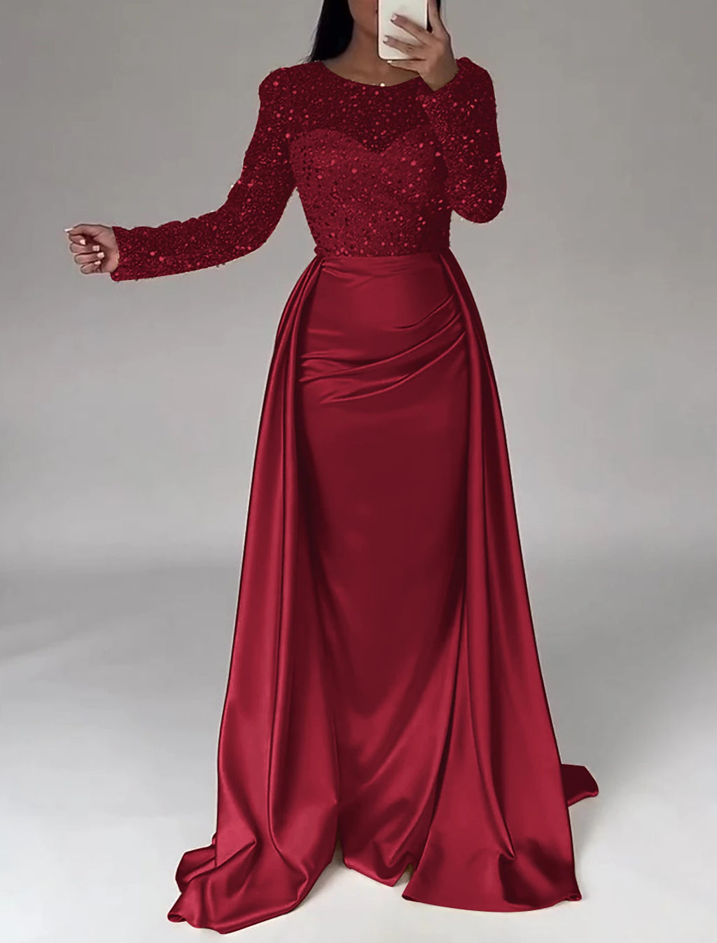 Ivory Satin Sheath/Column Gown with Illusion Sequin Sleeves