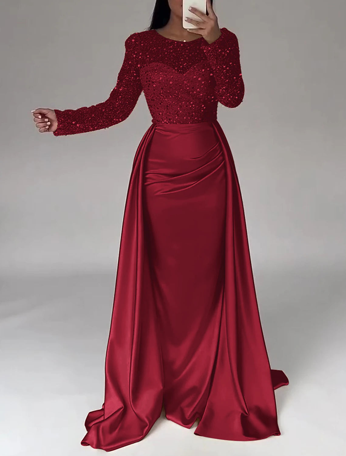 Ivory Satin Sheath/Column Gown with Illusion Sequin Sleeves