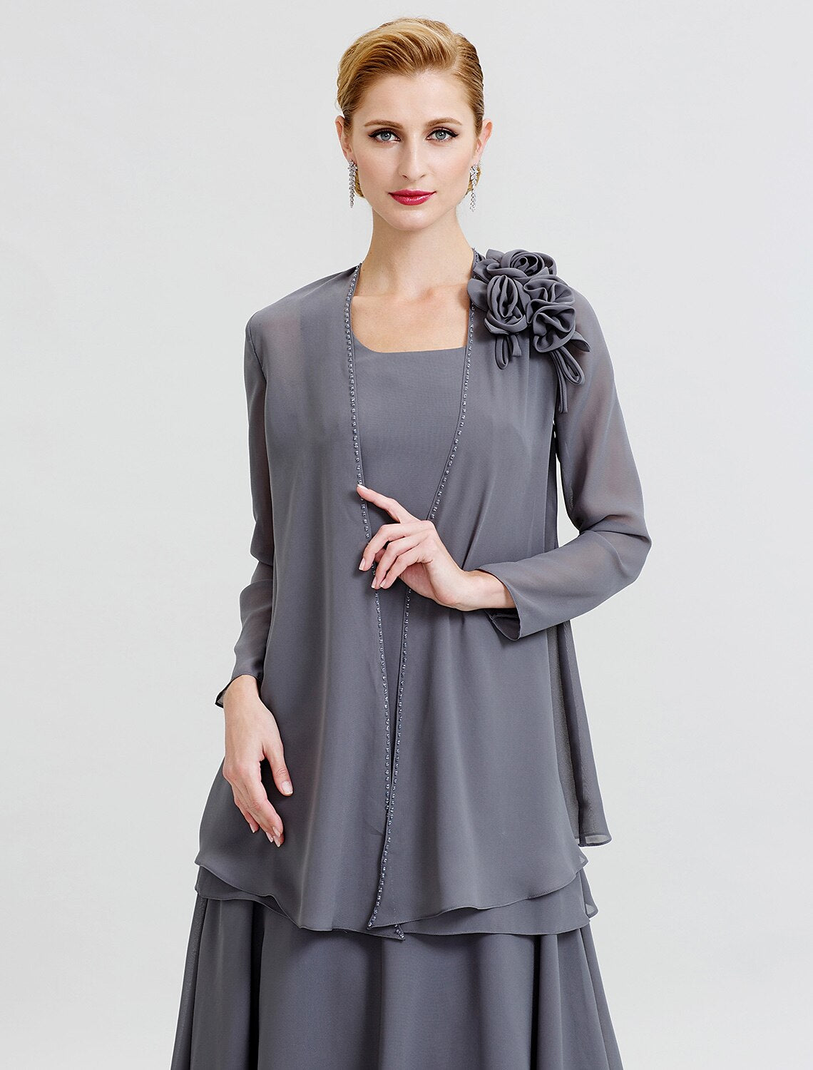 Abito da madre della sposa a trapezio, formale, floreale, convertibile, scollo a barchetta, lunghezza pavimento, in chiffon, manica lunga, avvolgente, con perline e fiori a strati