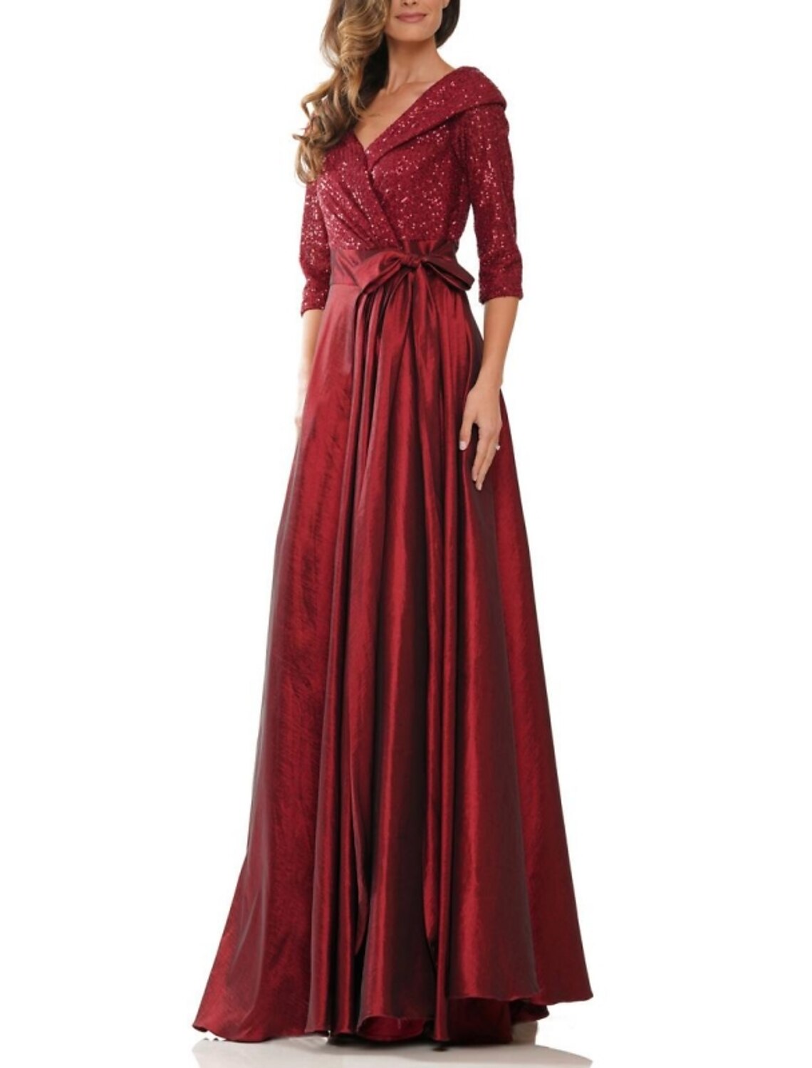 Abito da sera a trapezio, elegante, formale, nero, taglie forti, lungo fino al pavimento, mezza manica, scollo a V, in raso con fiocco/i, pieghe, paillettes 2025