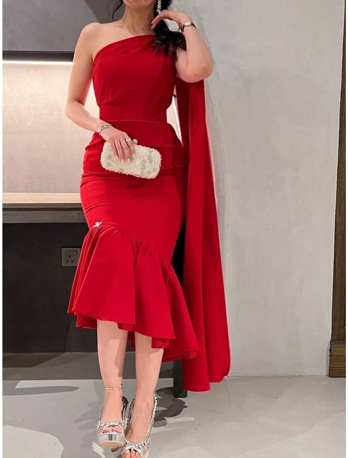 Mermaid / Trumpet Evening Gown Christmas Elegant Dress Formal Asymmetrical Sleeveless One Shoulder  Chiffon with Pleats Ruched