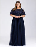 Vestidos de fiesta de corte A, estilo imperio, para invitadas de boda, para graduación, largo hasta el suelo, manga corta, cuello joya, vestido de dama de honor de tul con apliques de lentejuelas