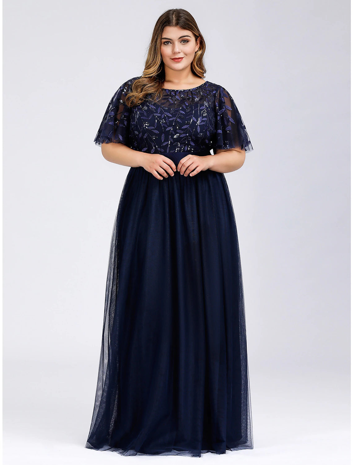 Vestidos de fiesta de corte A, estilo imperio, para invitadas de boda, para graduación, largo hasta el suelo, manga corta, cuello joya, vestido de dama de honor de tul con apliques de lentejuelas