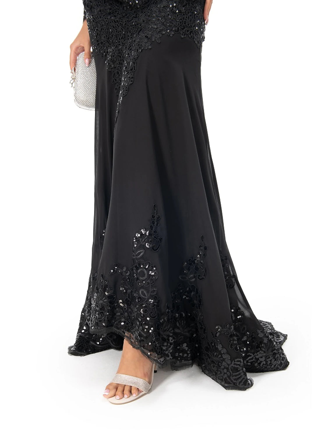 Abito da sera nero a sirena, abito da ballo con paillettes, abito formale scintillante, strascico a ruota, manica lunga, scollo a V, pizzo con applicazioni 2025