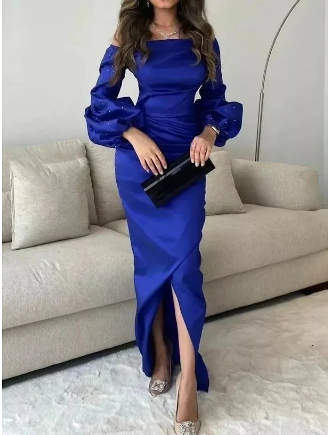 Mermaid / Trumpet Evening Gown Elegant Dress Formal Floor Length Long Sleeve Square Neck Satin with Ruched Sequin Slit 2025