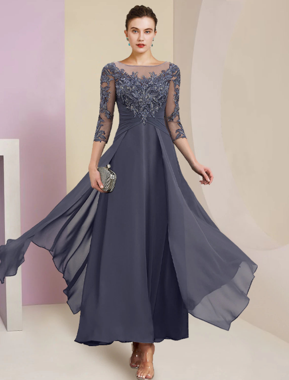 Abito da cerimonia per la madre della sposa, a tubino, semplice ed elegante, con scollo a gioiello, lunghezza alla caviglia, in chiffon, pizzo, manica a 3/4 con pieghe e paillettes