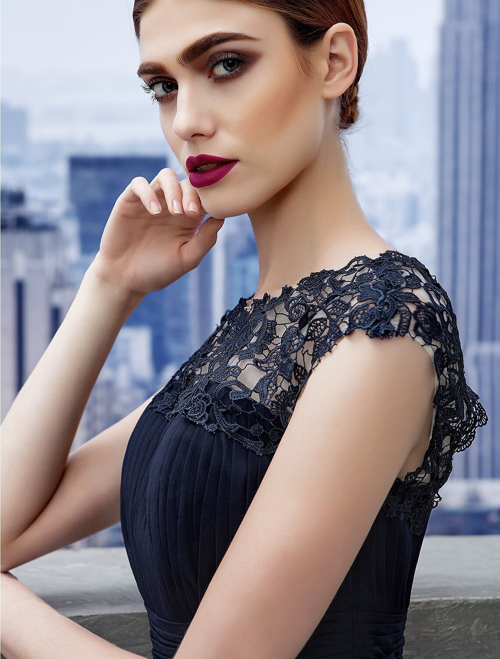 Dark Navy Chiffon A-Line Floor-Length Dress with Lace Overlay Bodice