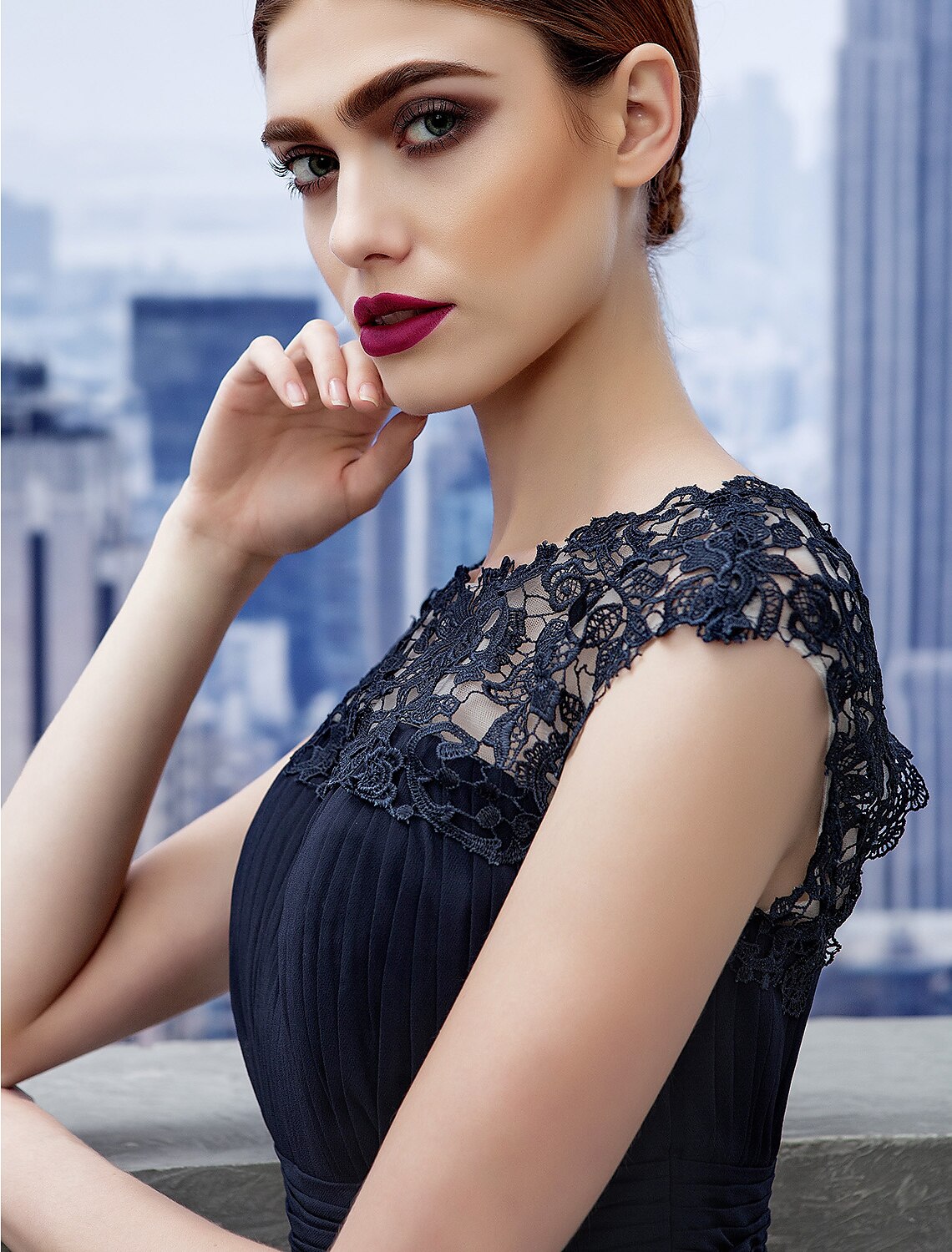 Dark Navy Chiffon A-Line Floor-Length Dress with Lace Overlay Bodice