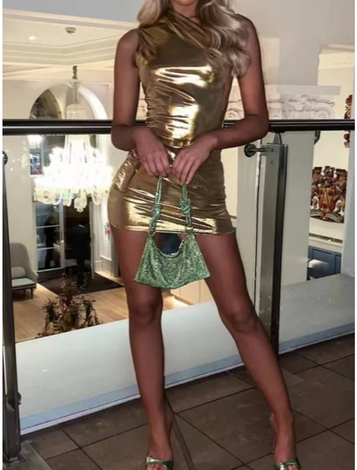 Vestido de fiesta para mujer, vestido de bienvenida, vestido de invitada de boda, minivestido azul, dorado, verde, sin mangas, color puro, fruncido, verano, primavera, otoño, un hombro, fiesta, vacaciones, vestido de verano