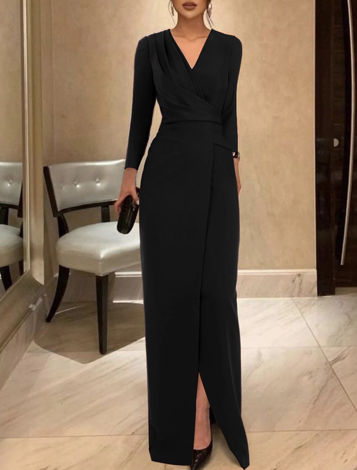 Sheath / Column Evening Gown Elegant Dress Formal Floor Length Long Sleeve V Neck  Fabric with Ruched