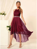 Burgundy Lace Chiffon A-Line High-Low Dress with Halter Neckline for Bridesmaids & Wedding Guests