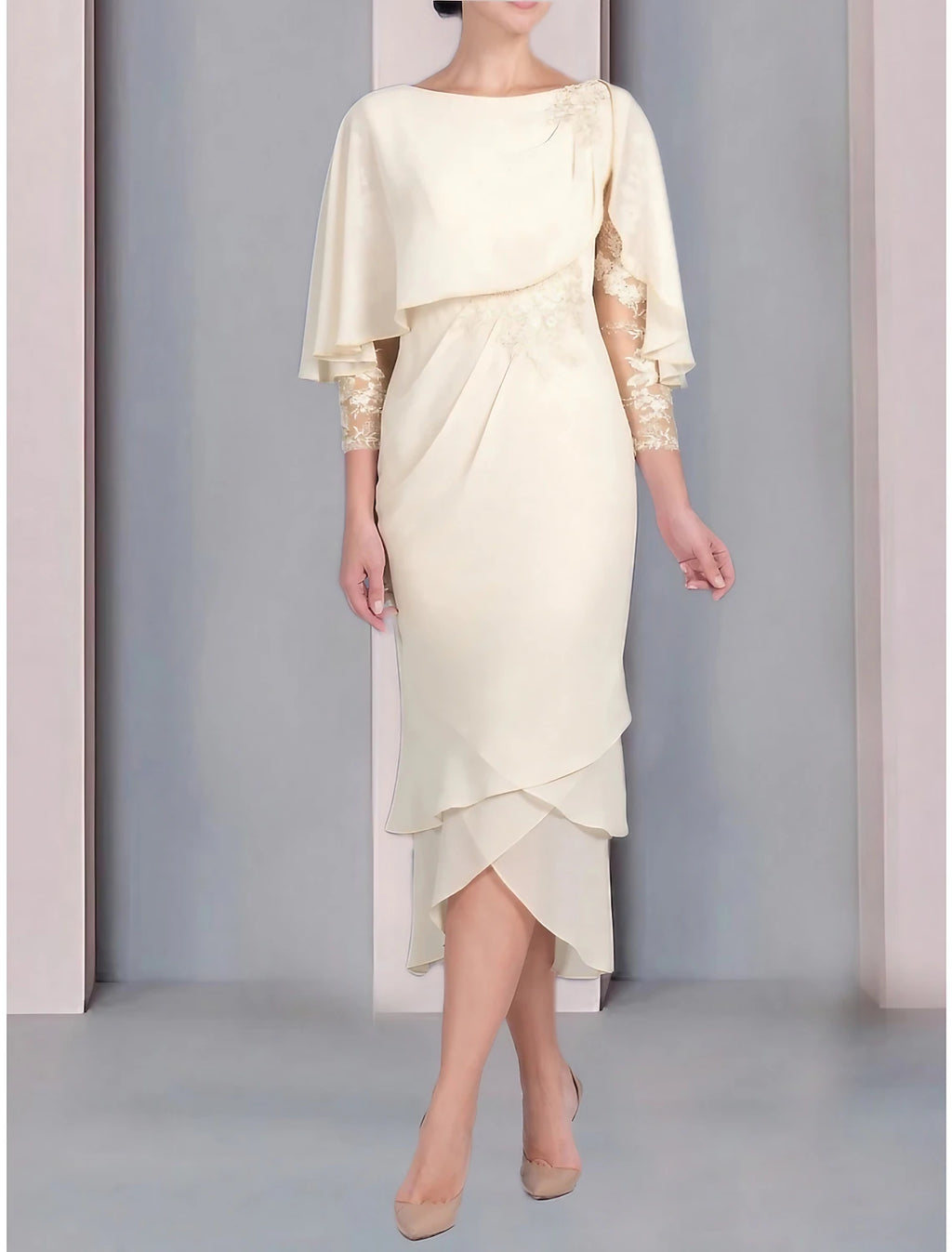 Abito da cerimonia per la madre della sposa, elegante, a tubino, in chiffon, con scollo a barchetta, lunghezza tè, maniche a 3/4, con applicazioni in pizzo
