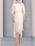 Abito da cerimonia per la madre della sposa, elegante, a tubino, in chiffon, con scollo a barchetta, lunghezza tè, maniche a 3/4, con applicazioni in pizzo