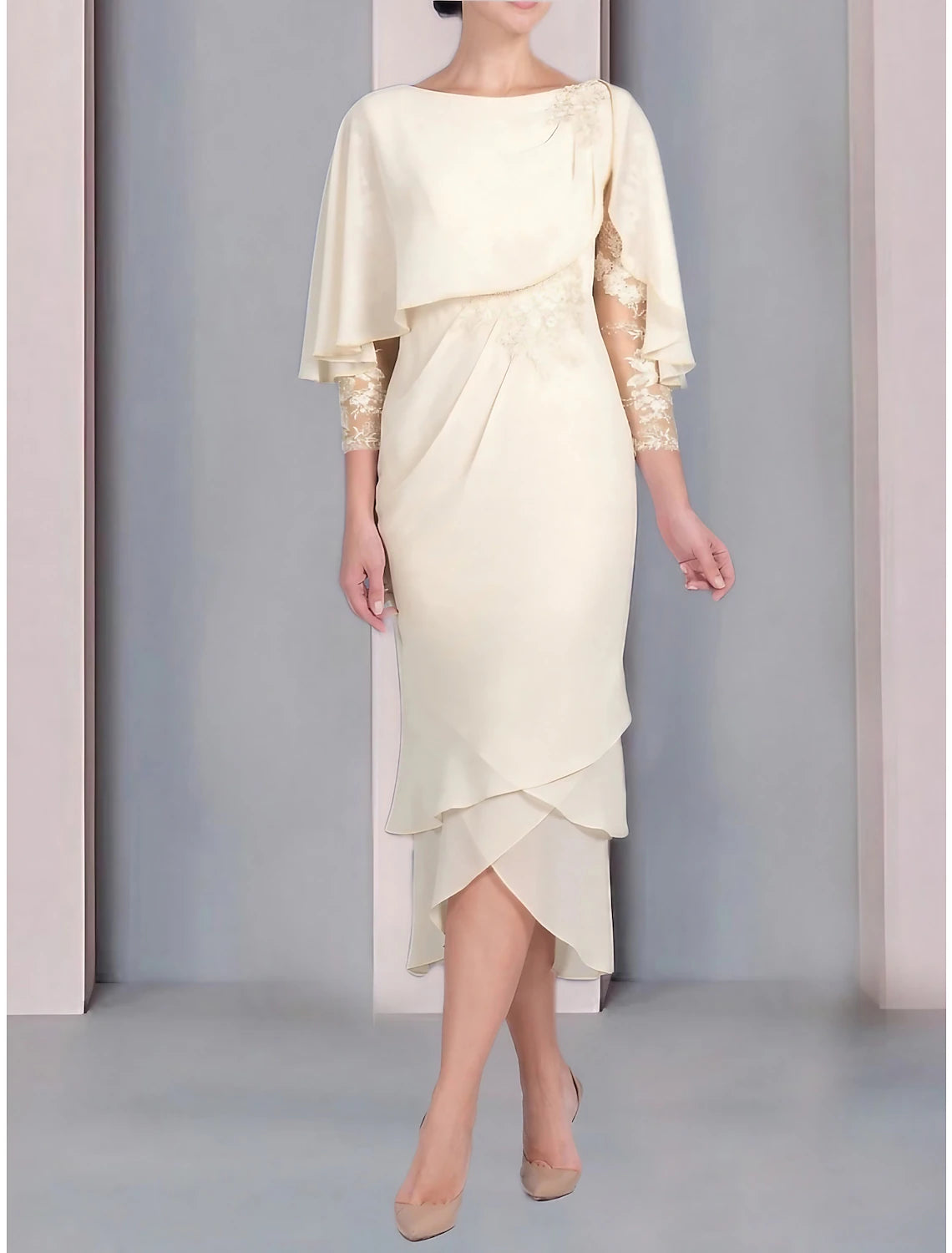 Abito da cerimonia per la madre della sposa, elegante, a tubino, in chiffon, con scollo a barchetta, lunghezza tè, maniche a 3/4, con applicazioni in pizzo