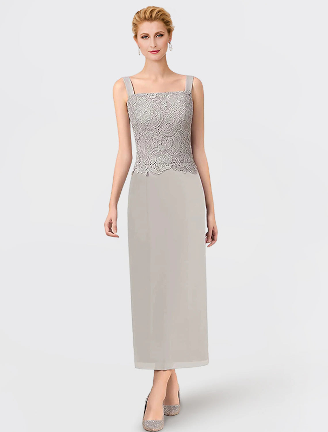 Vestido de dos piezas para madre de la novia, formal, para invitada de boda, elegante, escote cuadrado, largo hasta los tobillos, de gasa, con encaje, sin mangas, cruzado, incluido con apliques