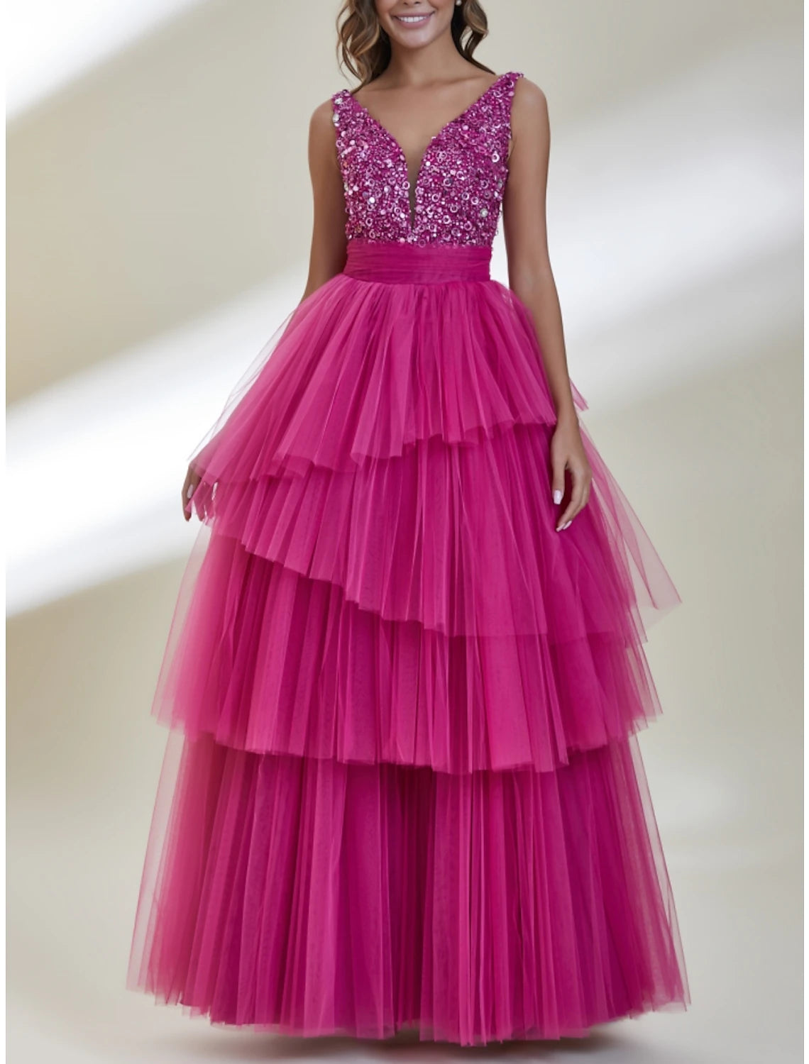 A-Line Prom Dresses Elegant Dress Formal Floor Length Sleeveless V Neck Tulle with Pleats Sequin 2025