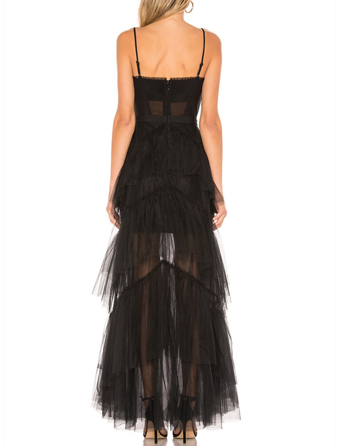 Vestidos de fiesta de corte A con corsé, vestido negro para fiesta de bodas, largo hasta el suelo, sin mangas, tirantes finos, tul con flecos
