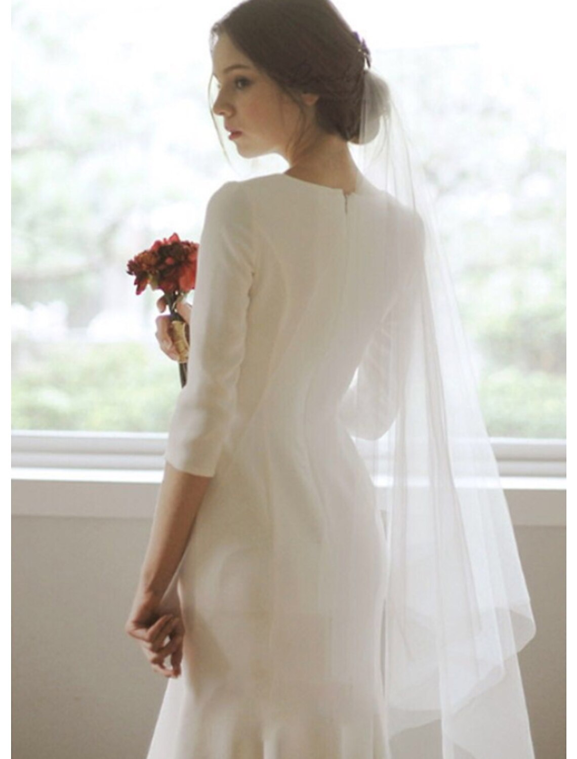 Ivory Crepe Trumpet Tea-Length Dress with V-Neck and 3/4 Sleeves