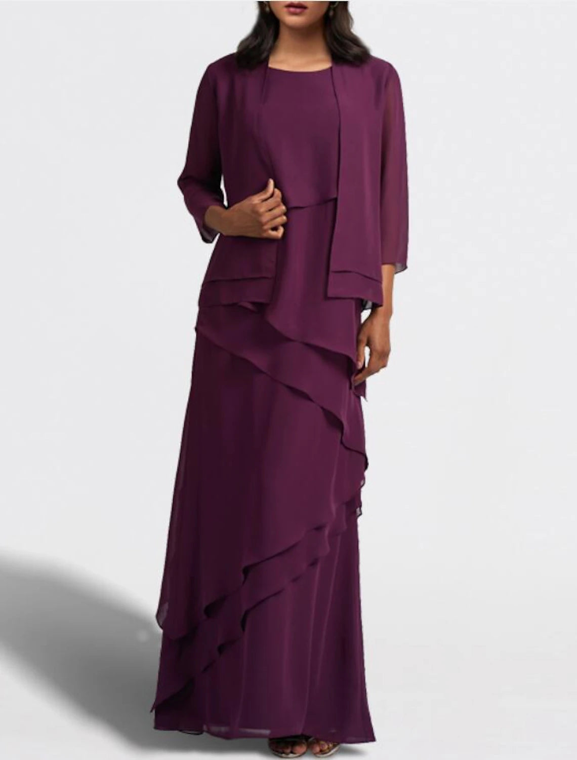 Abito da cerimonia per la madre della sposa in due pezzi, a trapezio, elegante, con scollo gioiello, lunghezza pavimento, in chiffon, senza maniche, con volant a cascata, tinta unita