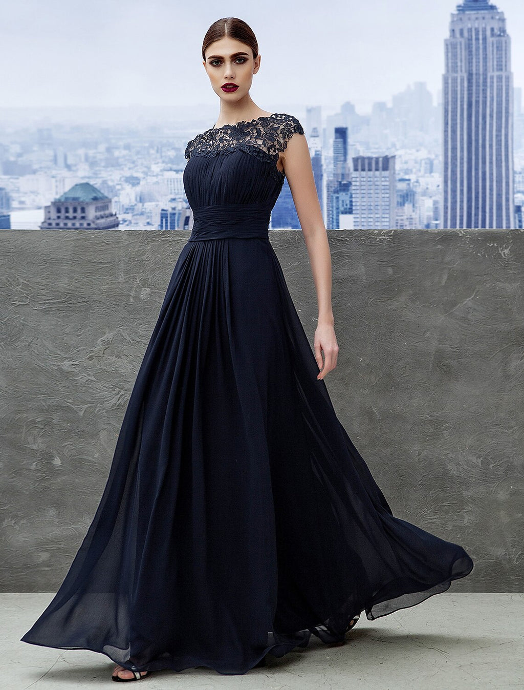 Dark Navy Chiffon A-Line Floor-Length Dress with Lace Overlay Bodice