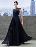Dark Navy Chiffon A-Line Floor-Length Dress with Lace Overlay Bodice