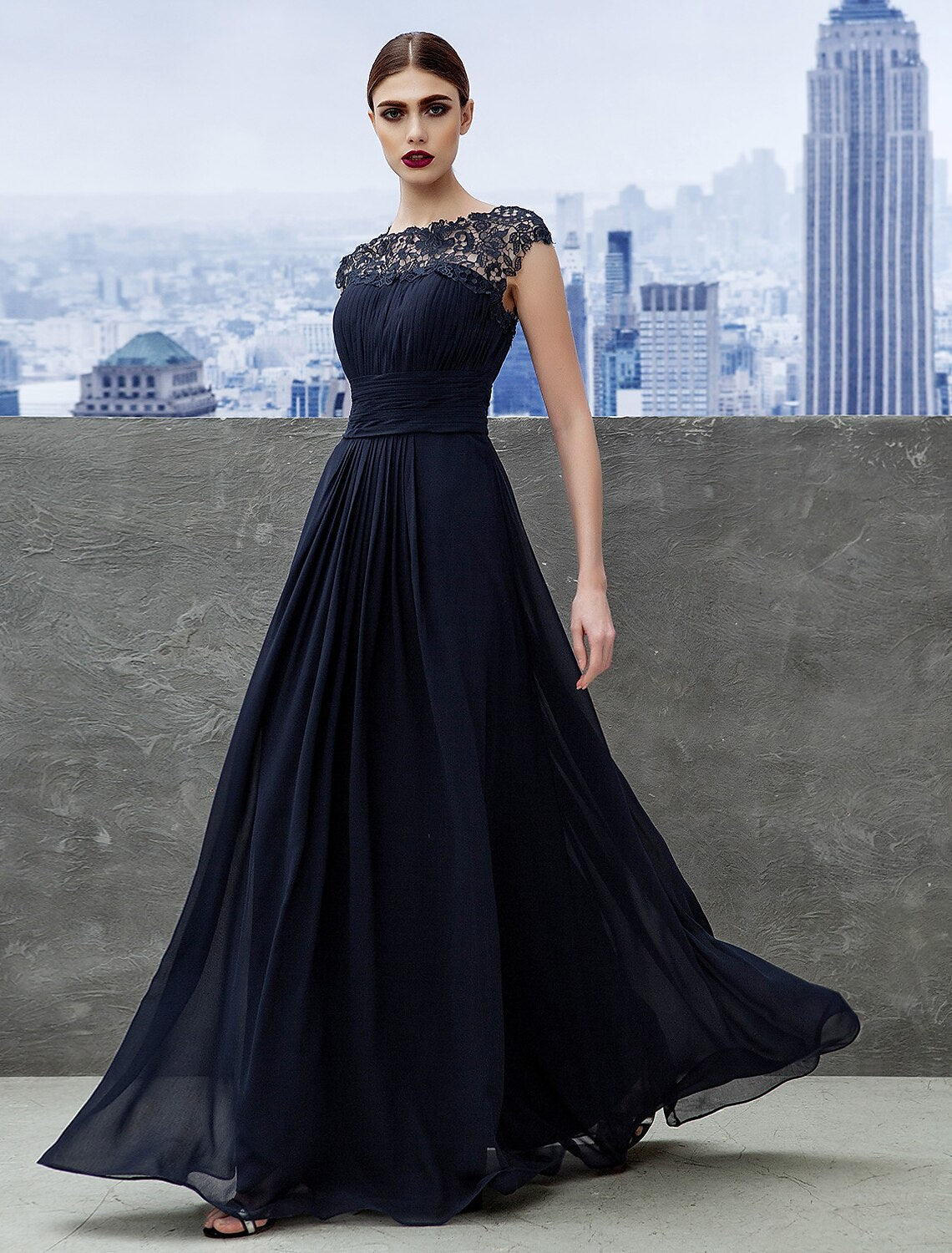 Dark Navy Chiffon A-Line Floor-Length Dress with Lace Overlay Bodice