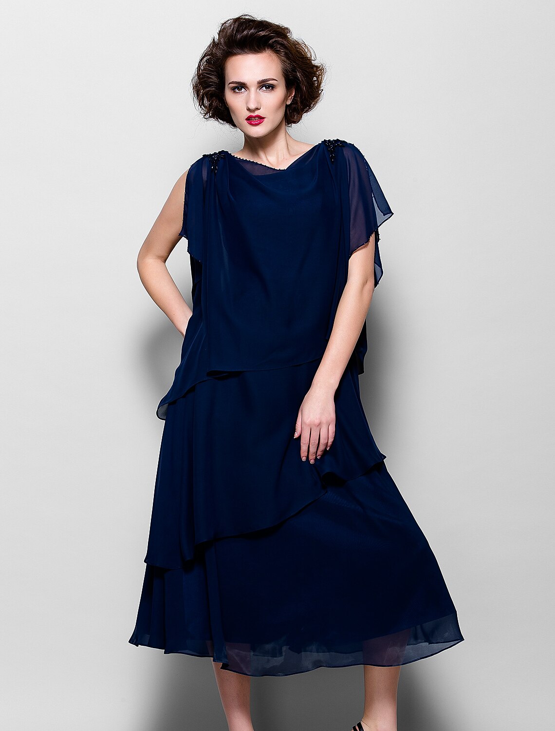 A-Line Mother of the Bride Dress Plus Size Elegant Cowl Neck Tea Length Chiffon Short Sleeve with Ruffles Crystal Brooch A-Line Mother of the Bride Dress Plus Size Elegant Cowl Neck Tea Length Chiffon Short Sleeve with Ruffles Crystal Brooch
