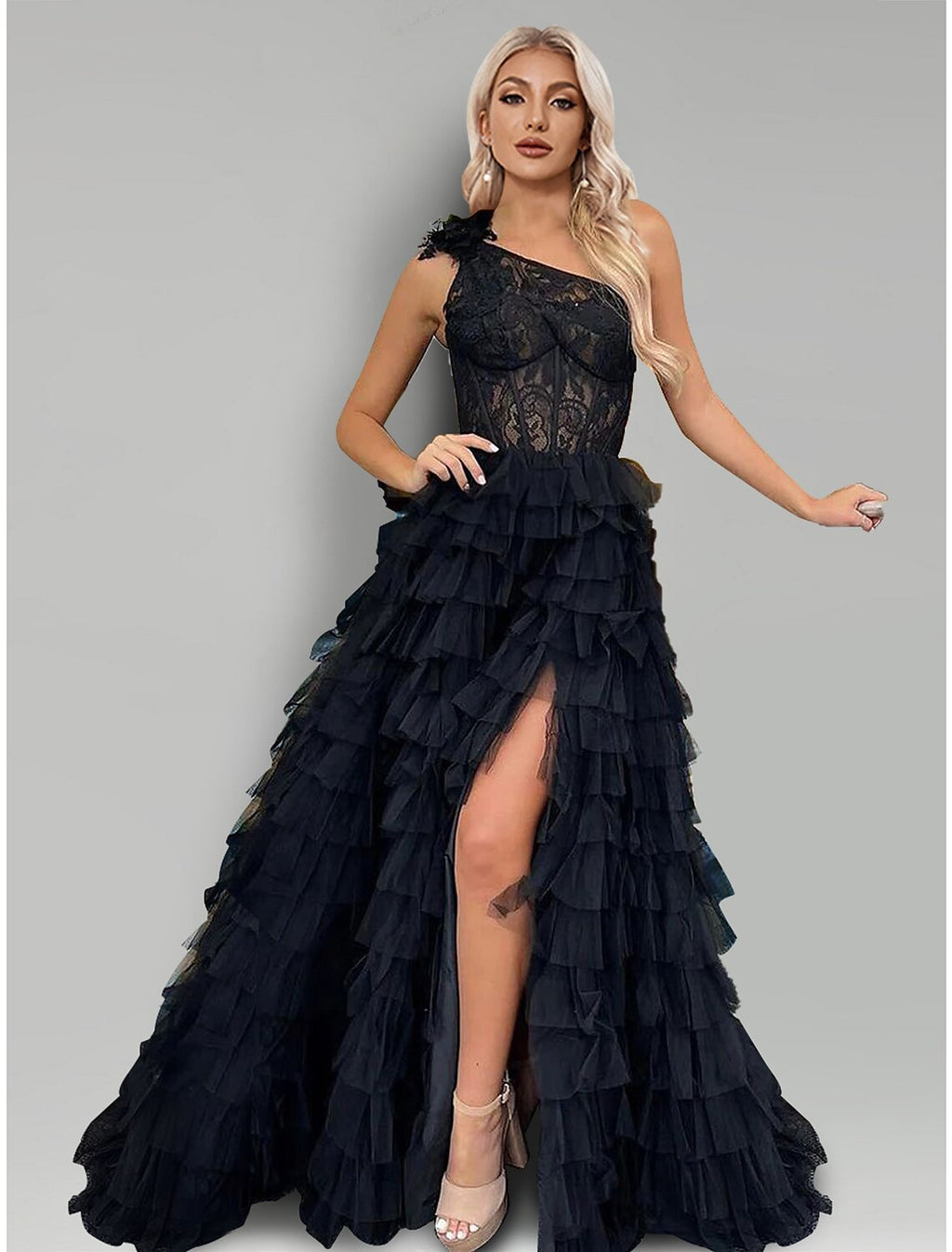 Black One Shoulder Lace A-Line Floor-Length Gown