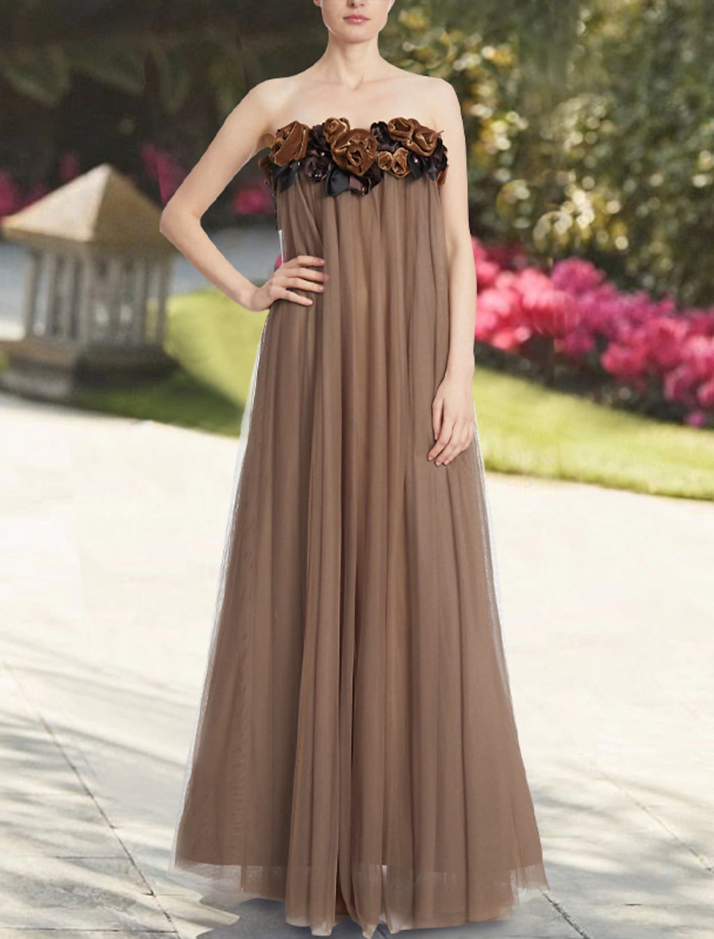 Mocha Chiffon A-Line Floor-Length Strapless Dress with 3D Florals | Bridesmaid & Evening Gown
