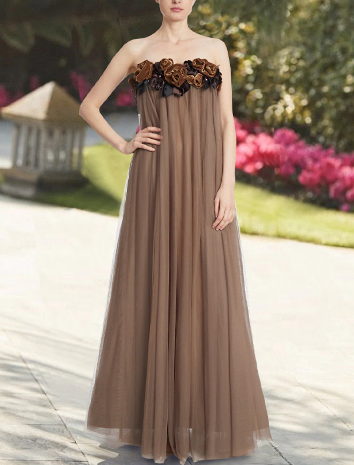Mocha Chiffon A-Line Floor-Length Strapless Dress with 3D Florals | Bridesmaid & Evening Gown