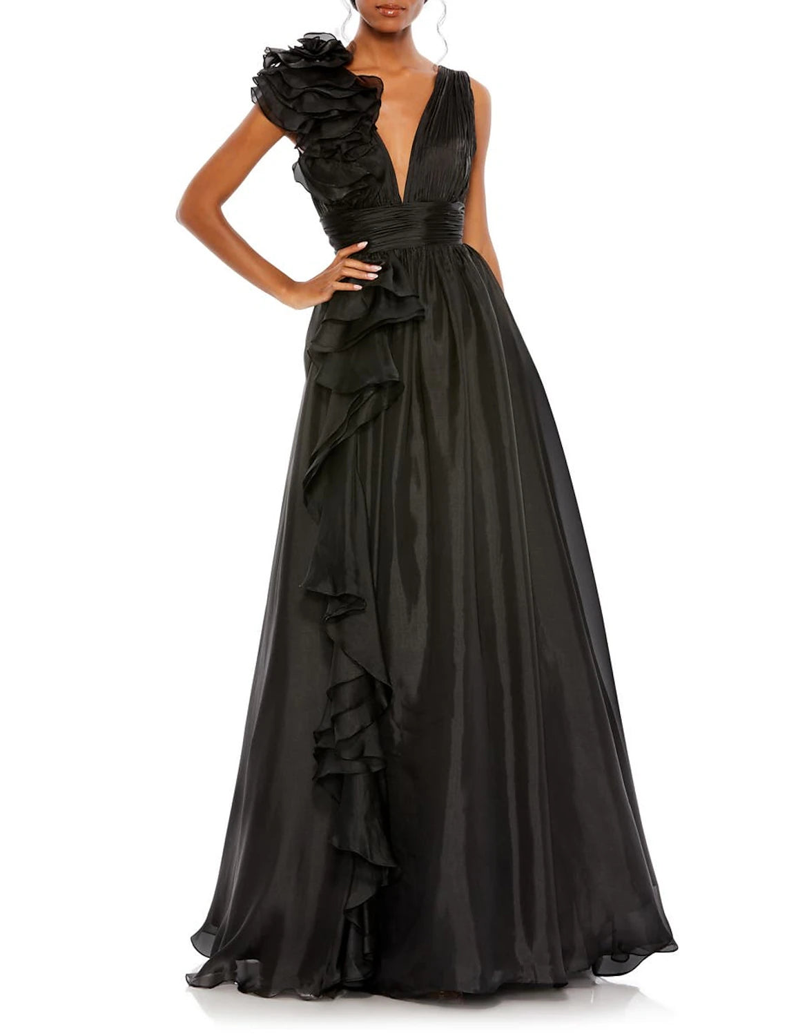 Vestido de noche estilo celebridad, corte en A, color rojo y verde, formal, para invitados de boda, largo hasta el suelo, sin mangas, escote en V, de gasa con abertura, color puro.