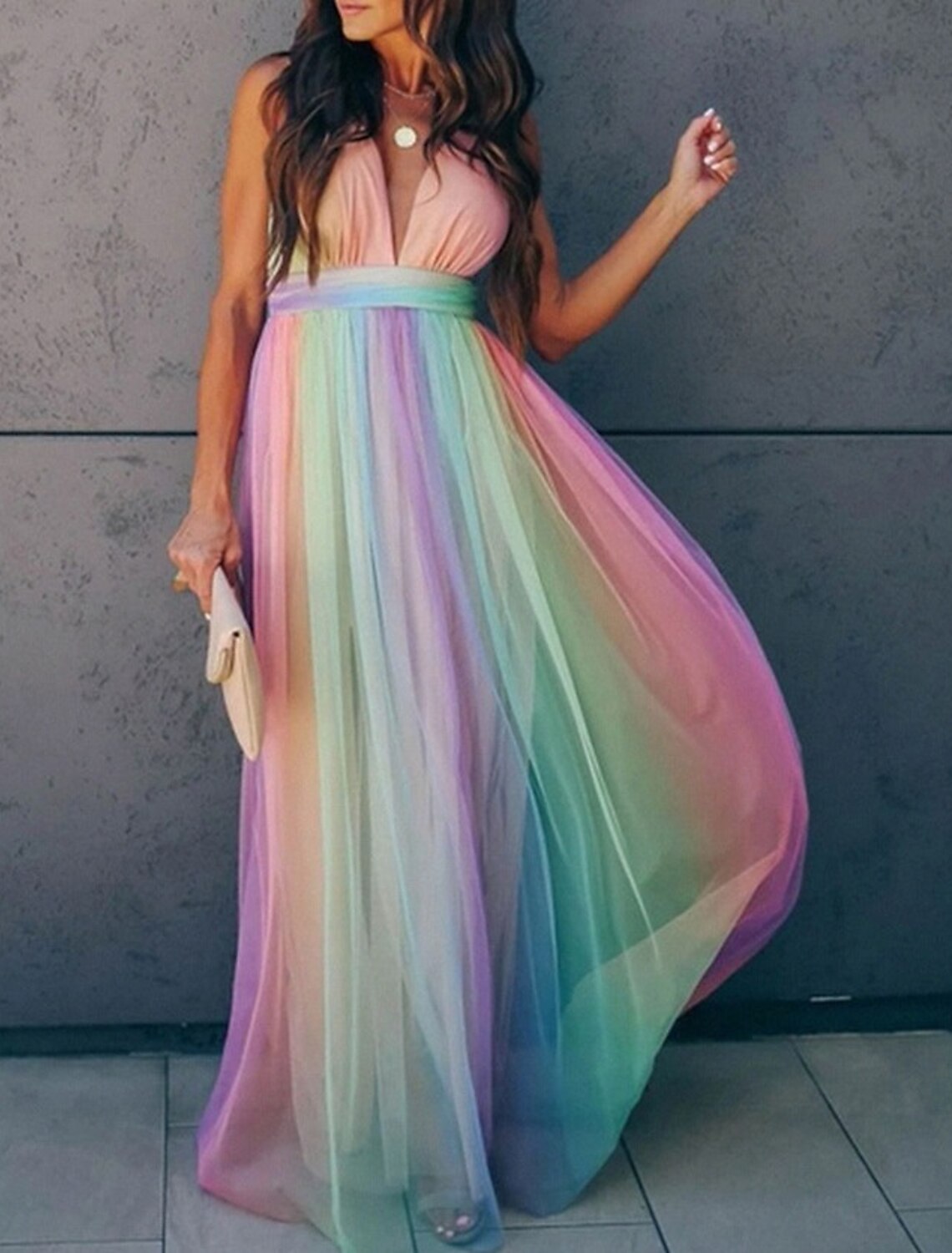 Blushing Pink Chiffon A-Line Floor-Length Dress with Plunging V-Neck and Rainbow Panel Skirt