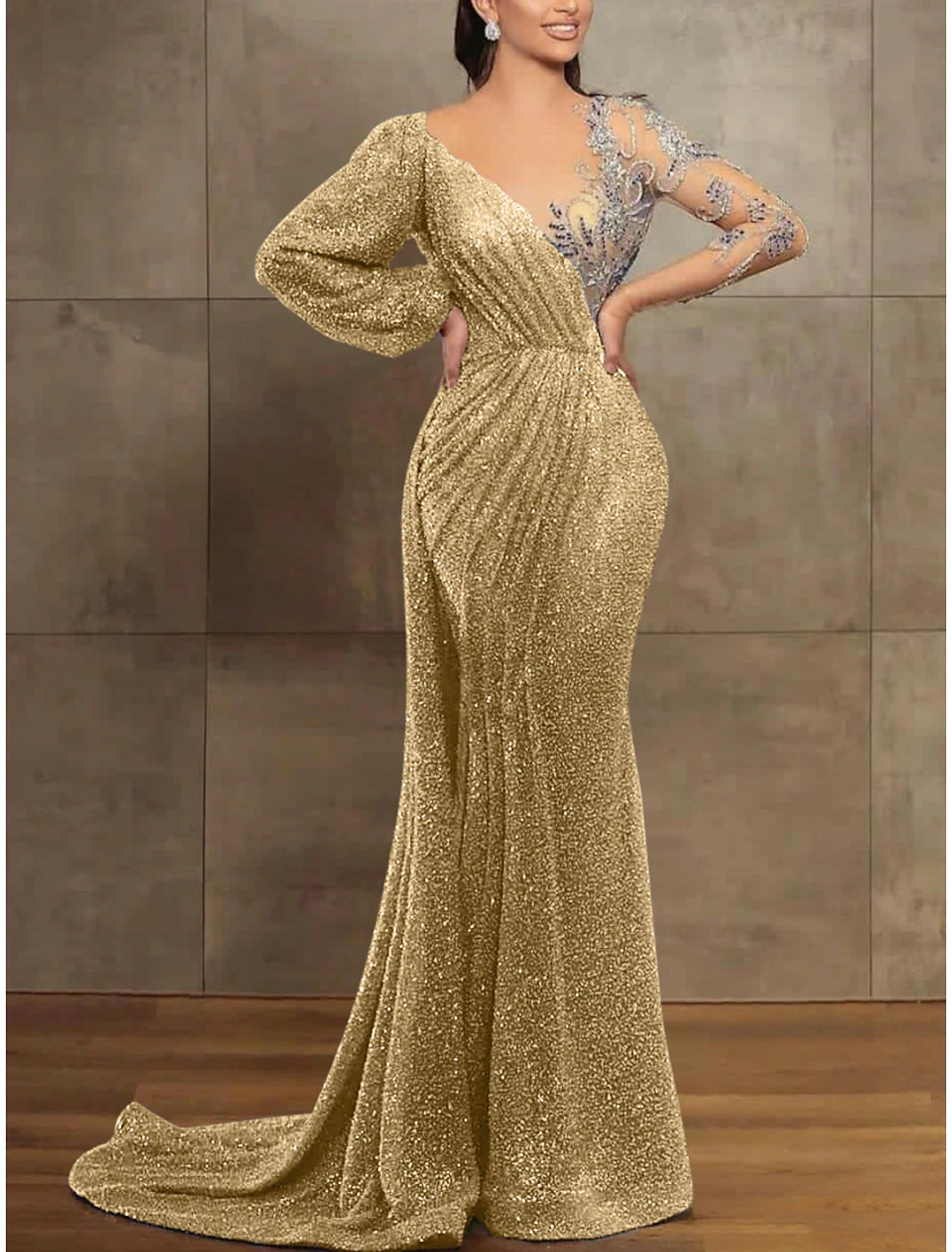 Sequin Mermaid / Trumpet Evening Gown Champagne Gold Elegant Dress Formal Christmas Red Green Dress Court Train Long Sleeve Illusion Neck Sequined with Pleats 2025