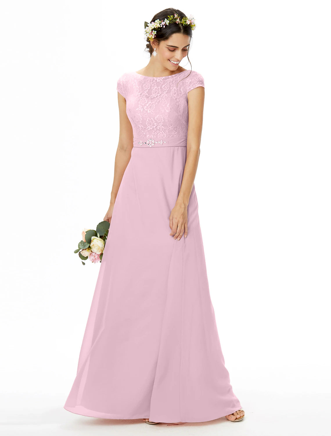 Abito da damigella d'onore a tubino/colonna, scollo a barca, manica corta, elegante, lunghezza pavimento, in chiffon/pizzo con pizzo/fascia/nastro/fiocco/i