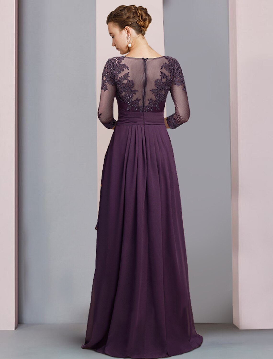 Mulberry Chiffon A-Line Floor-Length Evening Dress with Lace Bodice