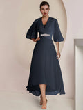 Dark Navy Chiffon A-Line Asymmetrical Evening Dress with Pleated V-Neck Bodice