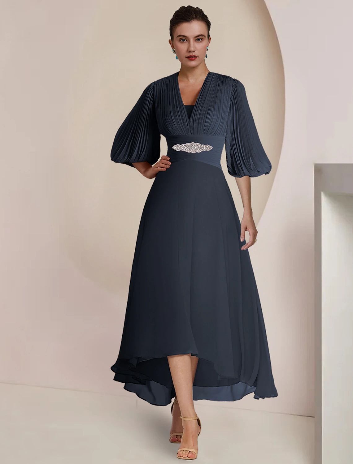 Dark Navy Chiffon A-Line Asymmetrical Evening Dress with Pleated V-Neck Bodice